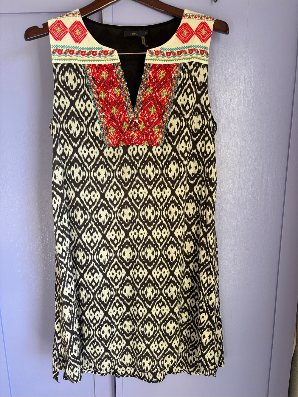 THML high-low sleeves Embroidered Brown /Black Cream Shift knee M Red IKAT
